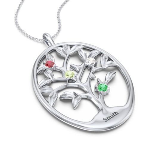 4-15 Stones Oval Family Tree Pendant – 10K White Gold with Garnet, Peridot, Cubic Zirconia, and Emerald