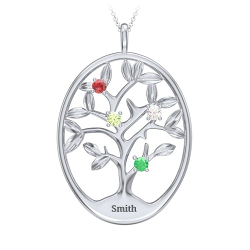 4-15 Stones Oval Family Tree Pendant – 10K White Gold with Garnet, Peridot, Cubic Zirconia, and Emerald
