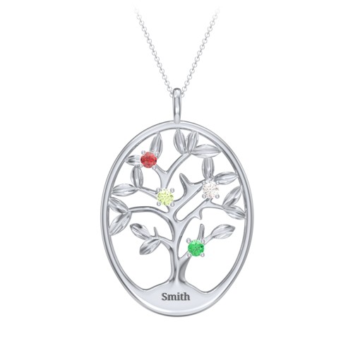 4-15 Stones Oval Family Tree Pendant – 10K White Gold with Garnet, Peridot, Cubic Zirconia, and Emerald