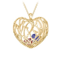 Organic Caged Hearts Pendant in 18K Gold Plated Silver with Garnet, Blue Sapphire, Cubic Zirconia, Blue Topaz, and Emerald
