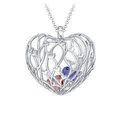 Organic Caged Hearts Pendant – Sterling Silver with Garnet and Blue Sapphire