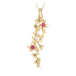 Cherry Blossoms in Bloom Branch Pendant in 10K Solid Yellow Gold with Ruby, Cubic Zirconia, and Blue Sapphire