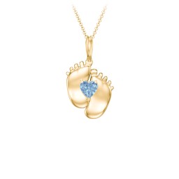 Engravable Baby Feet Birthstone Pendant in 10K Solid Yellow Gold with Blue Topaz