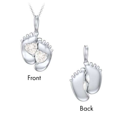 Engravable Baby Feet Two Stone Pendant – 10K White Gold with Cubic Zirconia