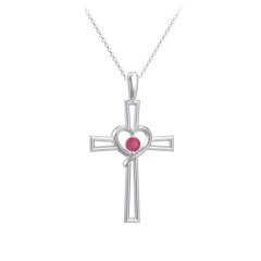 Cross and Heart Pendant with Birthstone – Sterling Silver with Ruby
