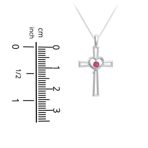 Cross and Heart Pendant with Birthstone – Sterling Silver with Ruby