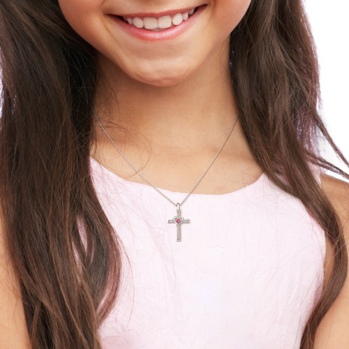 Cross and Heart Pendant with Birthstone – Sterling Silver with Ruby