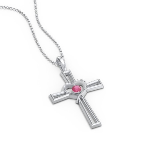 Cross and Heart Pendant with Birthstone – Sterling Silver with Ruby