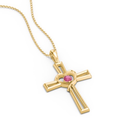 Cross and Heart Pendant with Birthstone – 18K Gold Plated Silver with Ruby