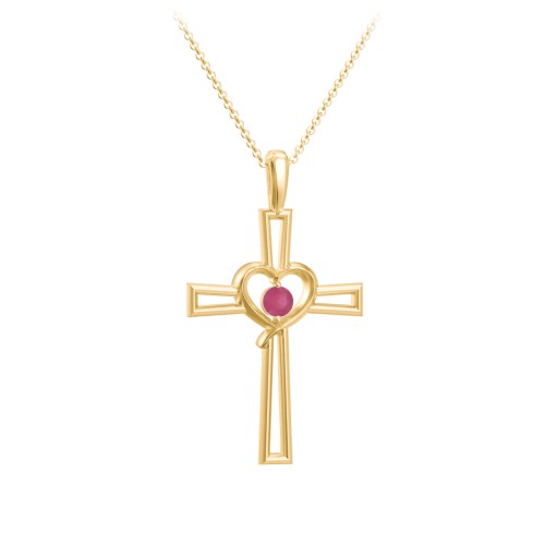 Cross and Heart Pendant with Birthstone – 18K Gold Plated Silver with Ruby