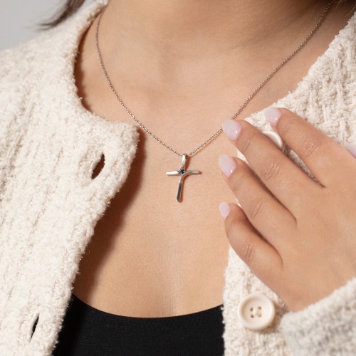 Twisted Cross Pendant with Birthstone – Sterling Silver with Blue Sapphire