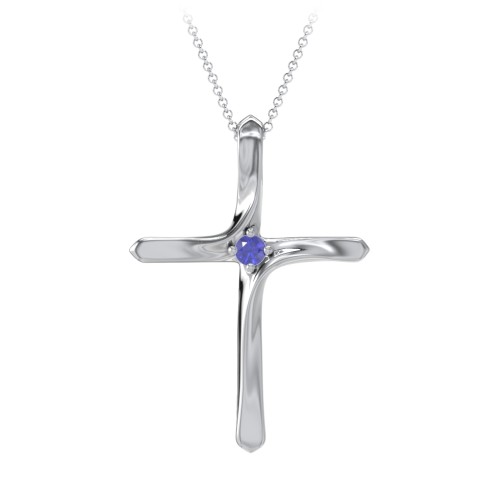 Twisted Cross Pendant with Birthstone – Sterling Silver with Blue Sapphire