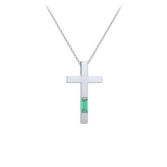 Modern Cross with Baguette Birthstone – Sterling Silver with Emerald