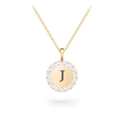 Initial Halo Disc Necklace with Gemstones in 18K Gold Plated Silver with White Premium Zirconia