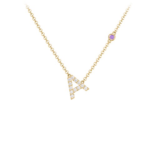 Pavé A Initial Necklace with Satellite Gemstone – 10K Yellow Gold with White Premium Zirconia and Amethyst