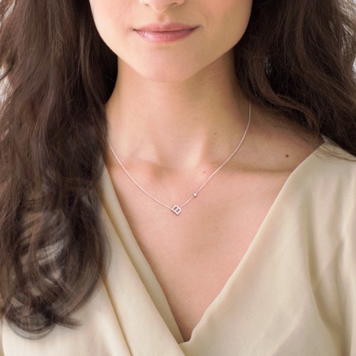 Pavé B Initial Necklace with Satellite Gemstone – Sterling Silver with White Premium Zirconia and Peridot