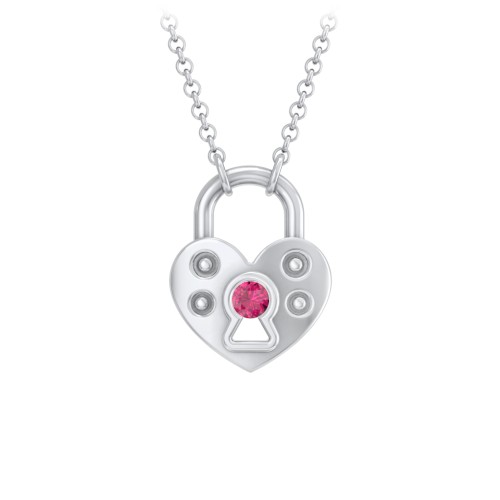 Heart Padlock Necklace with Gemstone Keyhole – 10K White Gold with Ruby