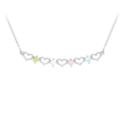 Heart To Heart Necklace with 4 Birthstones – 10K White Gold with Peridot, Cubic Zirconia, Pink Tourmaline, and Blue Topaz