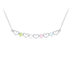 Heart To Heart Necklace with 4 Birthstones – Sterling Silver with Peridot, Cubic Zirconia, Pink Tourmaline, and Blue Topaz