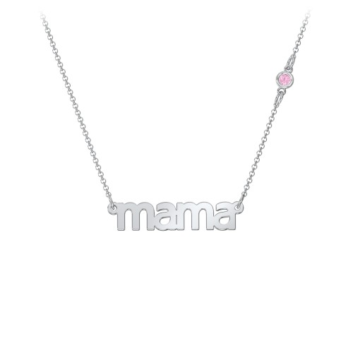 Mama Necklace In Modern Font with Satellite Birthstone – 10K White Gold with Pink Tourmaline