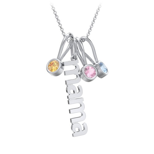 Modern Mama Necklace with 3 Birthstone Charms – 10K White Gold with Citrine, Pink Tourmaline, and Blue Topaz