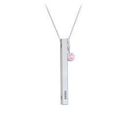Engravable Vertical 3D Bar Necklace with 1-Stone Charm in 10K Solid White Gold with Pink Tourmaline