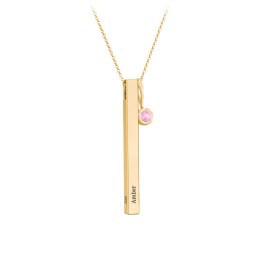 Engravable Vertical 3D Bar Necklace with 1-Stone Charm in 10K Solid Yellow Gold with Pink Tourmaline