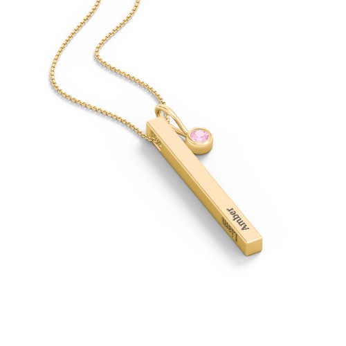 Engravable Vertical 3D Bar Necklace with 1-Stone Charm – 10K Yellow Gold with Pink Tourmaline