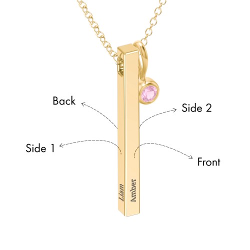 Engravable Vertical 3D Bar Necklace with 1-Stone Charm – 10K Yellow Gold with Pink Tourmaline