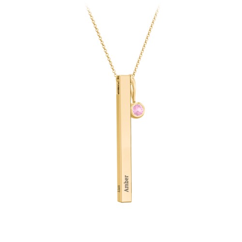 Engravable Vertical 3D Bar Necklace with 1-Stone Charm – 10K Yellow Gold with Pink Tourmaline