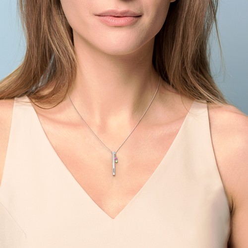 Engravable Vertical 3D Bar Necklace with 2-Stone Charm – 10K Yellow Gold with Pink Tourmaline and Amethyst