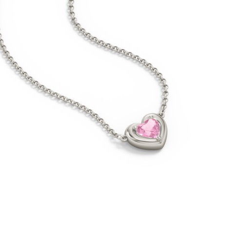 Puffy Heart Pendant with 1 Birthstone – 10K White Gold with Pink Tourmaline