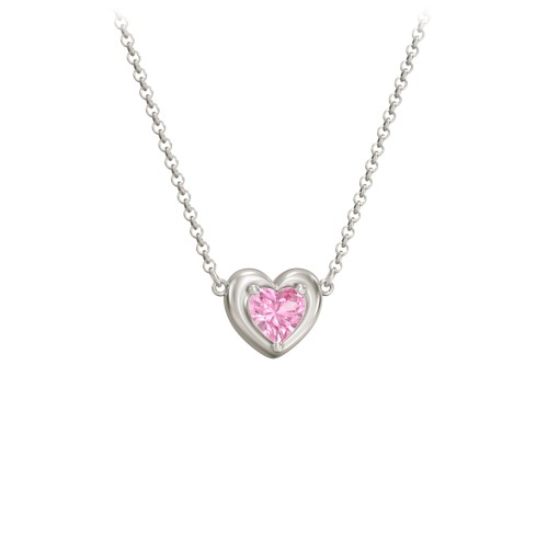 Puffy Heart Pendant with 1 Birthstone – 10K White Gold with Pink Tourmaline