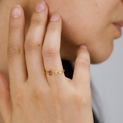 Baguette & Marquise Gemstone Open Cuff Ring – 18K Gold Plated Silver with Ruby and Blue Topaz