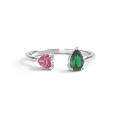 Heart & Pear Gemstone Open Cuff Ring – Sterling Silver with Pink Tourmaline and Emerald
