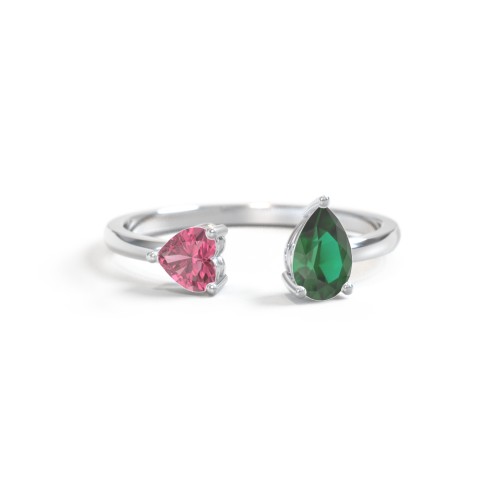 Heart & Pear Gemstone Open Cuff Ring – Sterling Silver with Pink Tourmaline and Emerald